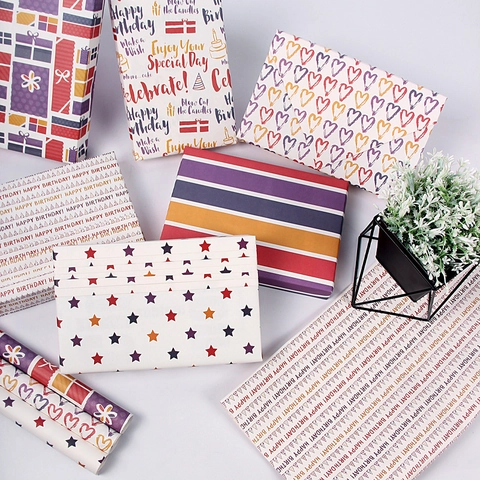 Gift Wrapping Paper Wood-free Paper Colorful Heart Star Stripe Patterns Birthday Party Festival Decorative