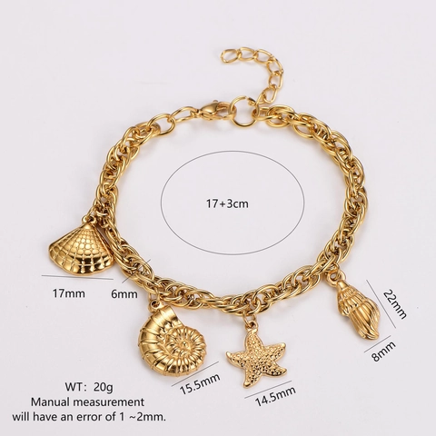 Ocean Charm Bracelet Stainless Steel Gold Plated Sea Star Conch Shell Pendants Adjustable Summer Beach Jewelry For Women