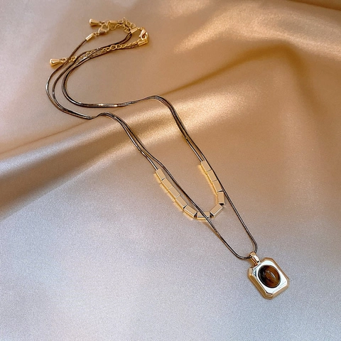 Layered Double Chain Necklace Gold Plated Copper Tiger Eye Stone Square Pendant Vintage Geometric For Women
