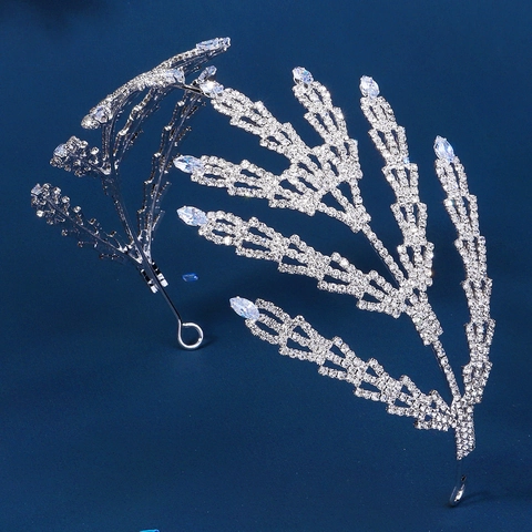 Diadema Nupcial de Lujo de Aleación de Plata con Circonia y Strass Hoja Tocado de Banquete de Boda Accesorios para el Cabello Mujer