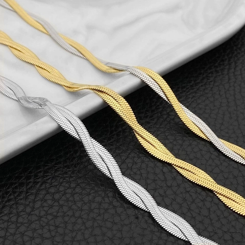 Twisted Flat Snake Bone Chain Necklace Stainless Steel Minimalist Adjustable Double Layer Style For Women