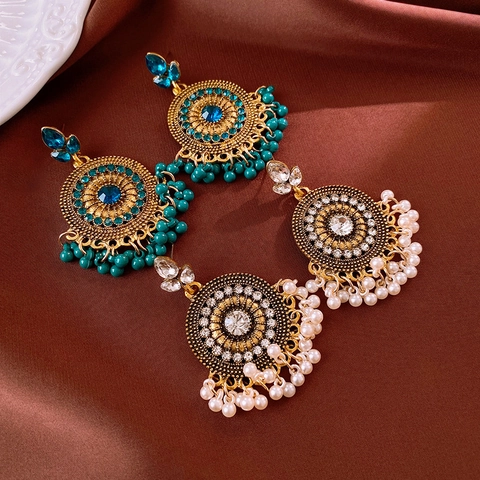 Orecchini Pendenti Mandala Tondi Bohemian Vintage Con Strass In Lega Perla Artificial Finta E Perno Per Orecchini In Argento