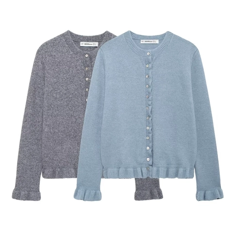 Cardigan En Maille Avec Ourlet À Volants Col Rond Boutonnage Simple Doux Pull Femmes Style Doux