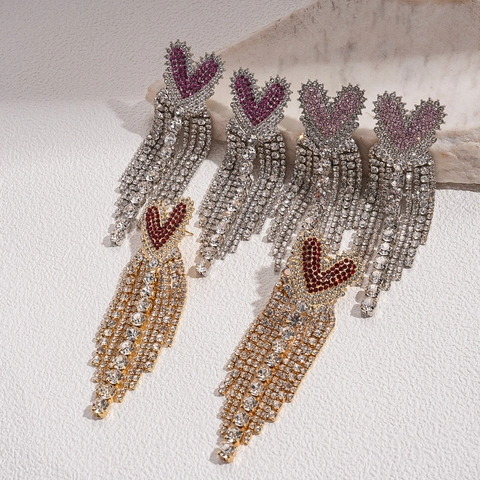 Orecchini A Nappa Con Cuore In Strass Con Perno In Argento Sterling 925 Lunghi Scintillanti Di Lusso Per Donna