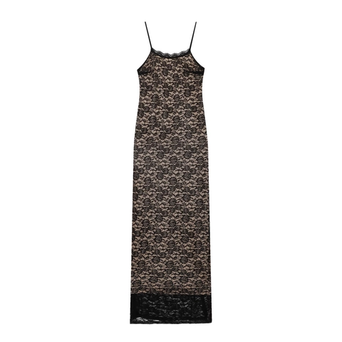 Abito Lungo Sexy In Pizzo Nero Da Donna Vestibilità Aderente Bodycon Sera Con Bordo Festonato