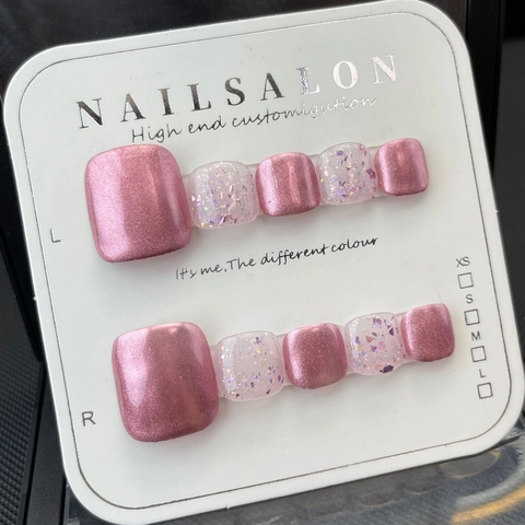 Press On Zehennägel Spiegelpuder Katzenaugeneffekt Glitzer Pailletten Roségold Handgefertigt Schick Fußnagelkunst Für Frauen