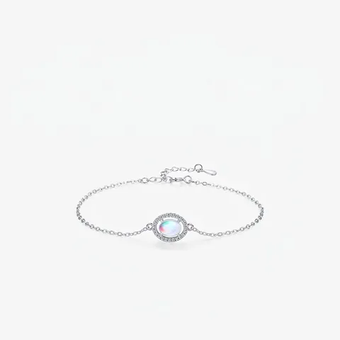 Bracciale Halo Pietra Di Luna Argento Sterling 925 Pietra Preziosa Ovale Catena Regolabile Gioielli Eleganti Da Donna