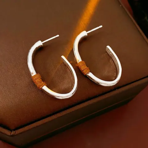 Boucles D'oreilles Créoles Ovales En Forme De C Mat Alliage Cordon Marron Texture Martelée Bijoux Femme Avec Tige En Argent