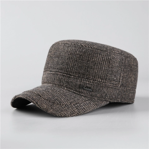 Men Winter Cadet Cap Flat Top Hat Warm Ear Flaps Woolen Tweed Plaid Retro Military Cap For Middle Aged Elderly Men