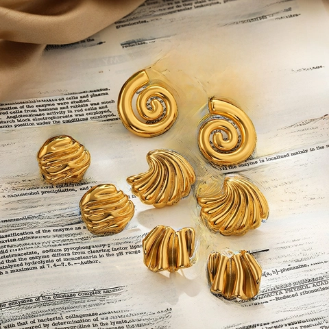 Irregular Wrinkled Stainless Steel Stud Earrings For Women Chunky Ribbed Textured Spiral Statement Fashion Jewelry