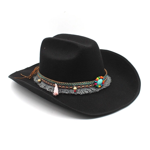 Western Cowboy Hat Felt Wide Brim Bohemian Ethnic Woven Band Turquoise Beads Tassels Retro Jazz Fedora Style