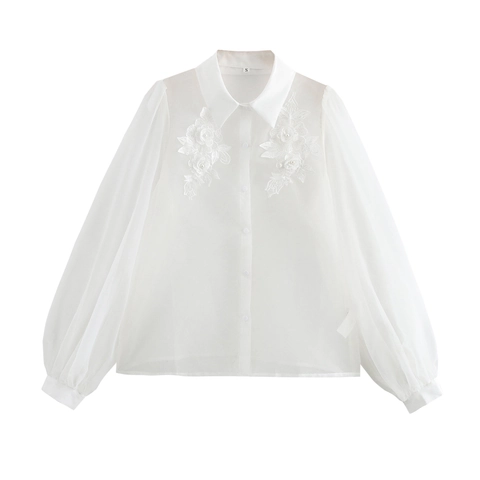 Camicetta Elegante Donna Bianca Organza Ricamo Floreale Künstliche Perle Manica Lanterna Stile Francese Top Trasparente
