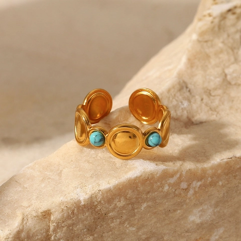 Natürlicher Türkis Ring Für Frauen Böhmisch Vintage Vergoldet Edelstahl Verstellbarer Offener Geometrischer Schmuck