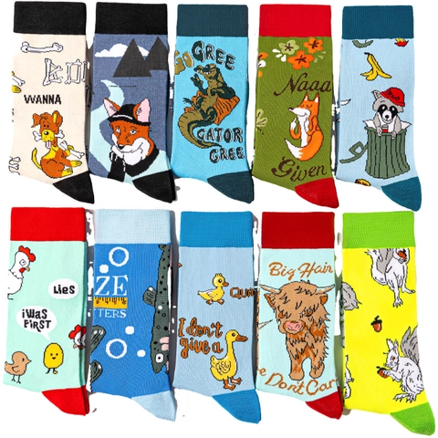 Cartoon Animal Print Crew Socks Cotton Blend Knit Colorful Funny Slogan Graphic Mid Tube Hosiery Unisex Fashionable