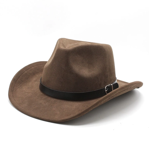 Chapeau De Cow-Boy Western Vintage Suédine Bord Large Style Ethnique Avec Bande En Cuir Décorative Et Boucle Métallique