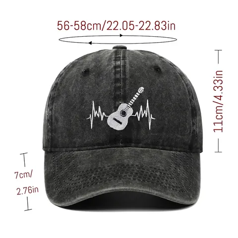 Washed Cotton Baseball Cap Guitar Heartbeat Embroidered Vintage Adjustable Outdoor Sunshade Hat For Men Women