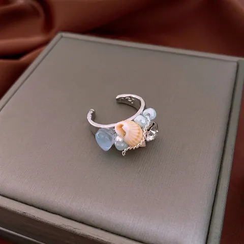 Boheemse Oceaan Stijl Schelp Imitatie Kunstparel Open Ring Vintage Koperen Verstelbare Ring Met Zirkoon Zomer Strand Sieraden