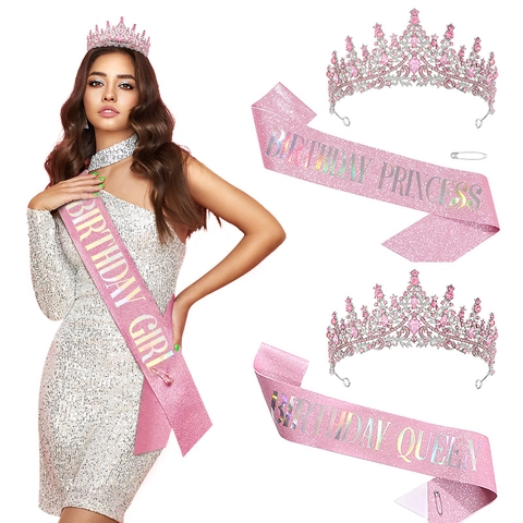 Corona E Fascia Di Compleanno Rosa Lega Strass Cristallo Tiara Tessuto Glitterato Decorazione Festa Donne Ragazze Mamma