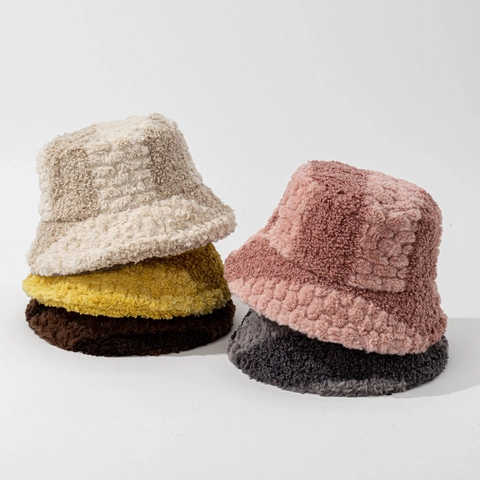 Women Faux Fur Bucket Hat Warm Winter Plush Fisherman Cap Solid Color Patchwork Windproof Outdoor Fashionable Accessory