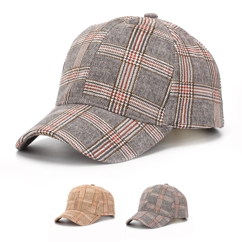 Casquette De Baseball À Carreaux Motif Vintage Polyester Tweed Texturé Ajustable Chapeau Extérieur Style Britannique Unisexe Automne Hiver