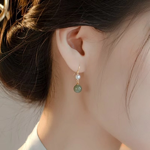 Elegante Hetian Jade En Zoetwaterparel Haak Oorbellen Vintage Dangle Drop Stijl Sieraden Voor Vrouwen Groen Wit