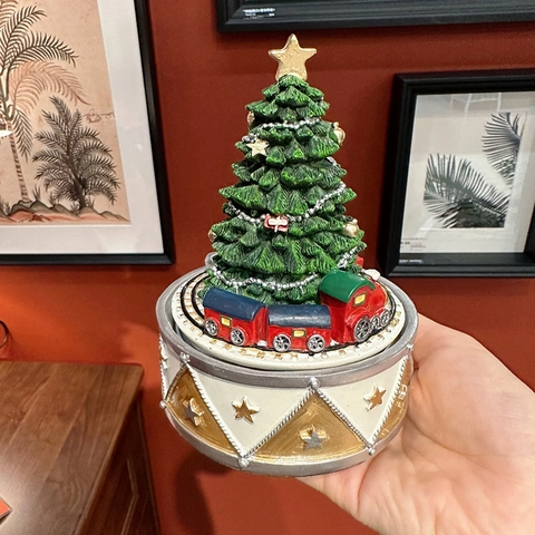 Rotating Christmas Tree Music Box Resin Musical Ornament Festive Desktop Decoration European Vintage Style Holiday Gift