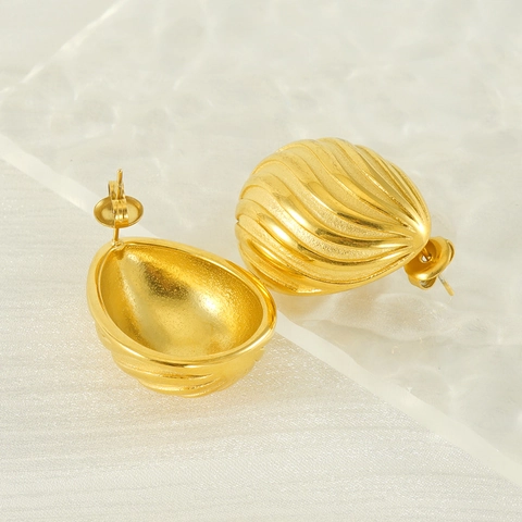 Pendientes De Botón De Acero Inoxidable Chapado En Oro De 18K Textura De Espiral A Rayas Forma De Gota Joyas Mujer