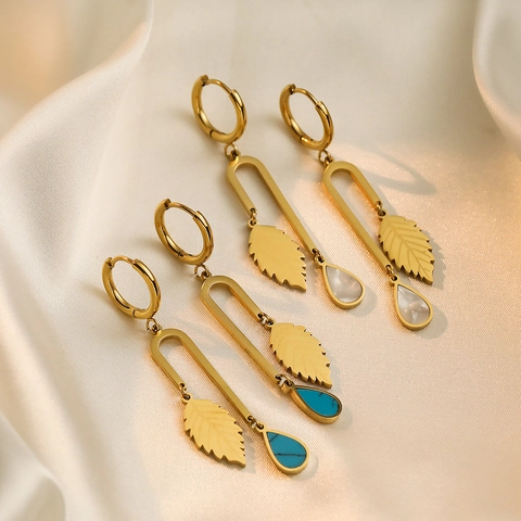 Pendientes De Gota Con Hoja Acero Inoxidable Chapado En Oro Con Colgante De Lágrima De Concha Turquesa Joyería Vintage