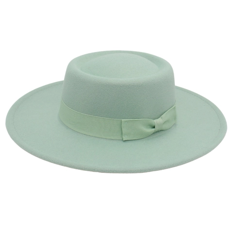 Elegant Wide Brim Boater Hat Wool Felt Blend Flat Top With Ribbon Bow Vintage Solid Color Accessory For Women