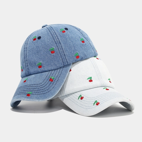 Baseball Cap Denim Cotton Cherry Embroidery Vintage Washed Adjustable Sun Hat For Women Men