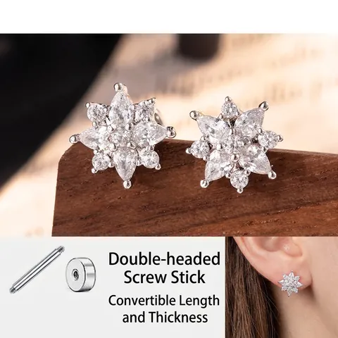 Sparkling Zircon Flower Ear Bone Stud Earrings Titanium Steel Double Head Screw Back Snowflake Jewelry For Women
