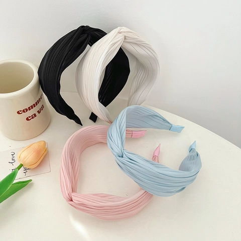 Women Pleated Cloth Fabric Headband Wide Brim Knotted Cross Design French Elegant Hair Accessory