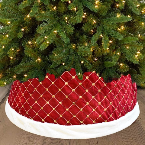 Luxe Rode Fluwelen Kerstboom Kraag Met Pailletten Geborduurd Ruitpatroon Boomrok Witte Pluche Rand Decoratie