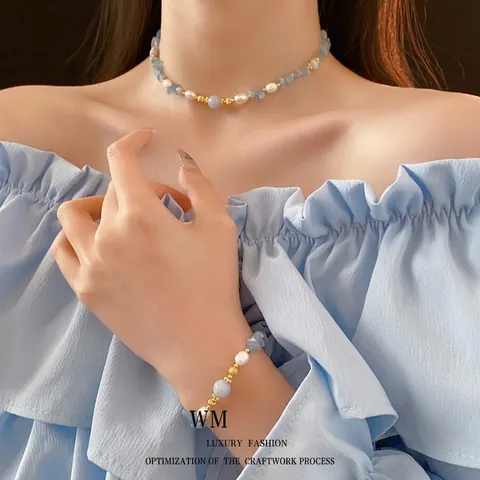 Set Di Gioielli In Acquamarina E Künstliche Perle Sintetiche Collana E Bracciale Pietra Blu Irregolare Perline In Lega Placcata Oro Vacanze