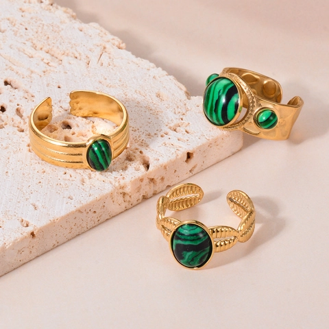 Vintage Malachiet Ring Roestvrij Staal 18K Verguld Natuursteen Verstelbaar Open Ontwerp Boheemse Stijl Voor Vrouwen