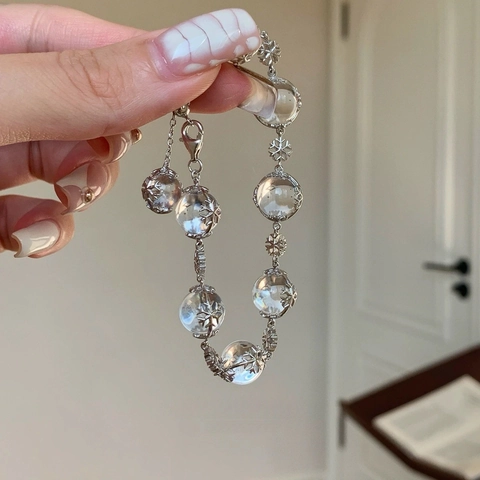 Elegante Bracciale Con Perle Di Cristallo Artificiale Fiocco Di Neve Catena Regolabile Argentata Gioielli Invernali Donna