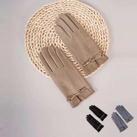 Women Touch Screen Suede Gloves Warm Winter Elegant Fashion Accessory With Horsebit Metal Buckle Solid Color Soft Suede Fabric
