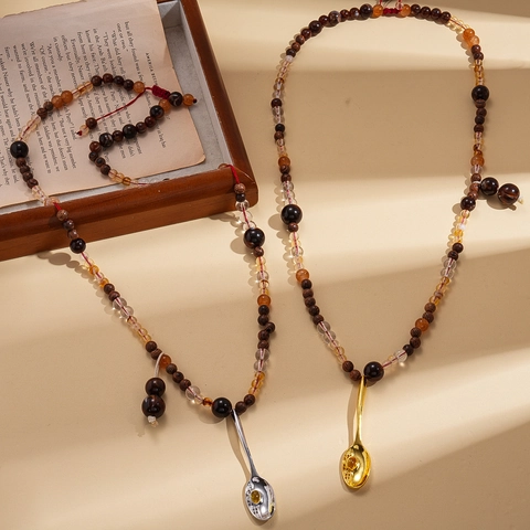 Collana Lunga Bohémien Con Perline In Legno Vetro Acrilico Ciondolo A Cucchiaio In Lega Gioielli Stile Etnico Vintage