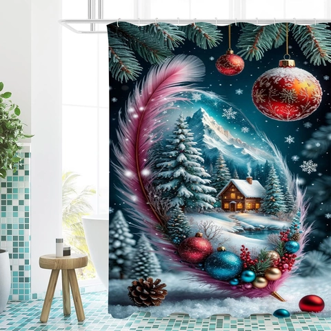 Kerst Douchegordijn Waterdichte Polyester Stof Sneeuwscène Hut Veren Print Badkamer Decor Met Haken