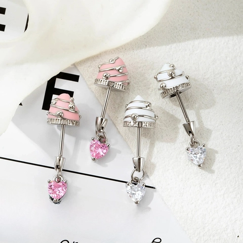 Titanium Staal Cupcake Hart Hanger Oorkraakbeen Stud Piercing Sieraden Zoet Emaille Zirconia Lichaamsaccessoire Voor Vrouwen