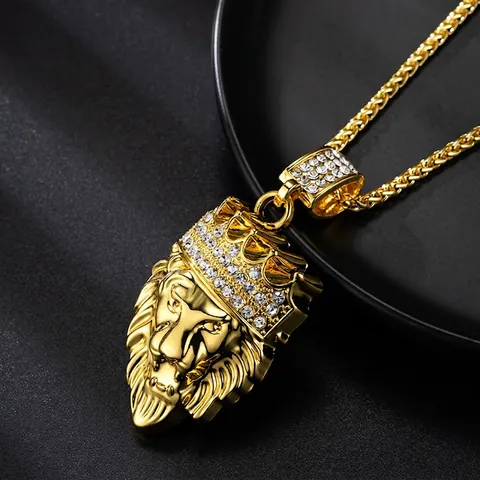 Hip Hop Lion Head Pendant Necklace Alloy With Full Rhinestone Crown Wheat Chain Streetwear For Men Women Trend