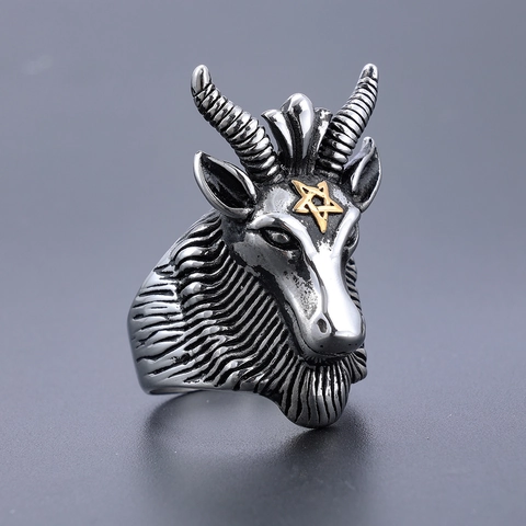 Anello Testa Di Capra Baphomet Uomo Acciaio Inossidabile 316L Pentagramma Gotico Punk Retro Gioielli Satanici