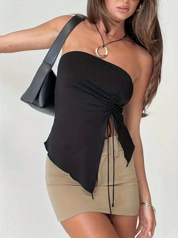 Damen Y2K Sexy Trägerloses Bandeau Top Polyester Geraffter Kordelzug Seite Asymmetrischer Saum Sommer Streetwear Party Crop Top