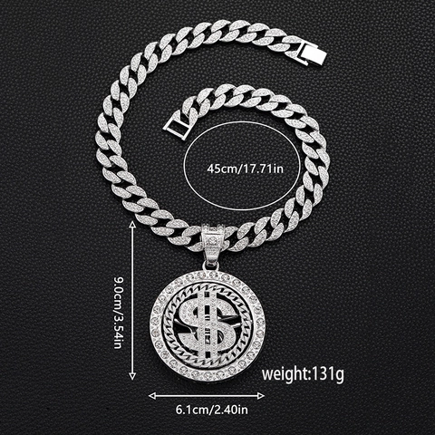 Hip Hop Rotating Dollar Sign Pendant Necklace Zinc Alloy Rhinestone Cuban Link Chain For Men Iced Out Jewelry