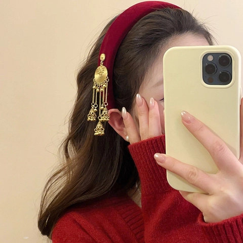 Velvet Ethnic Style Headband With Bell Alloy Tassel Retro Hair Accessories For Women