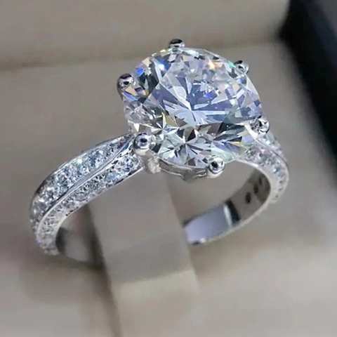 Classic Six-Prong Cubic Zirconia Ring White Gold Plated Copper Wedding Band Trendy Elegant Jewelry For Women