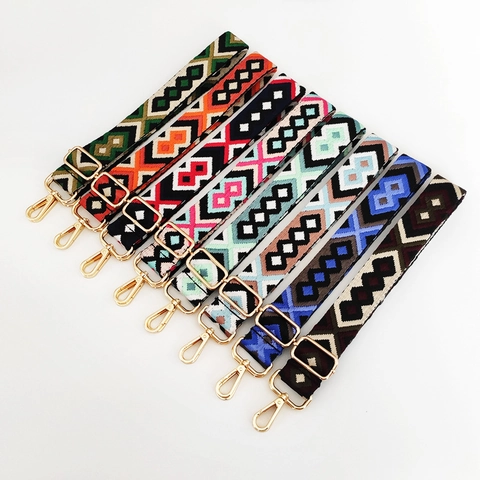 Wide Bag Strap Replacement Adjustable Shoulder Strap Ethnic Bohemian Geometric Embroidery Polyester Golden Metal Hooks