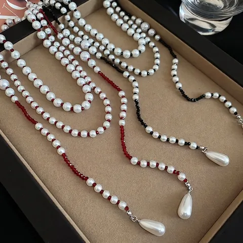 Multi Layer Artificial Pearl Necklace With Glass Beads And Teardrop Pendant French Retro Long Sweater Chain For Women