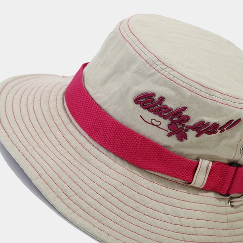 Women Cotton Canvas Bucket Hat Wide Brim Sun Protection Outdoor Hiking Distressed Western Style Embroidery Windproof Drawstring