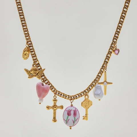 Collana In Acciaio Inossidabile Placcato Oro 18K Con Ciondoli Angelo Croce Cuore Perla Artificial Gioielli Retro Vintage Per Donna Impermeabile
